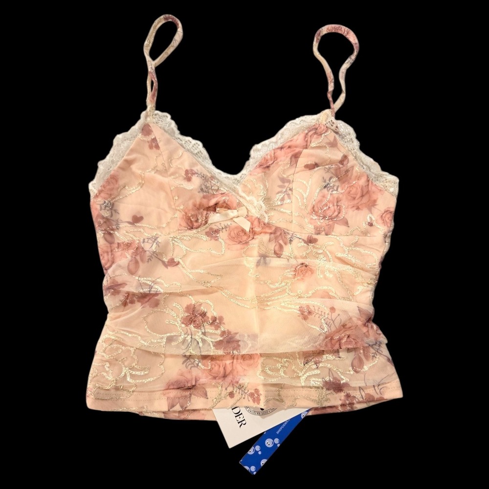Cider XS Pink Floral Mesh Camisole Top Metallic Gold Embroidery Lace Trim NWT